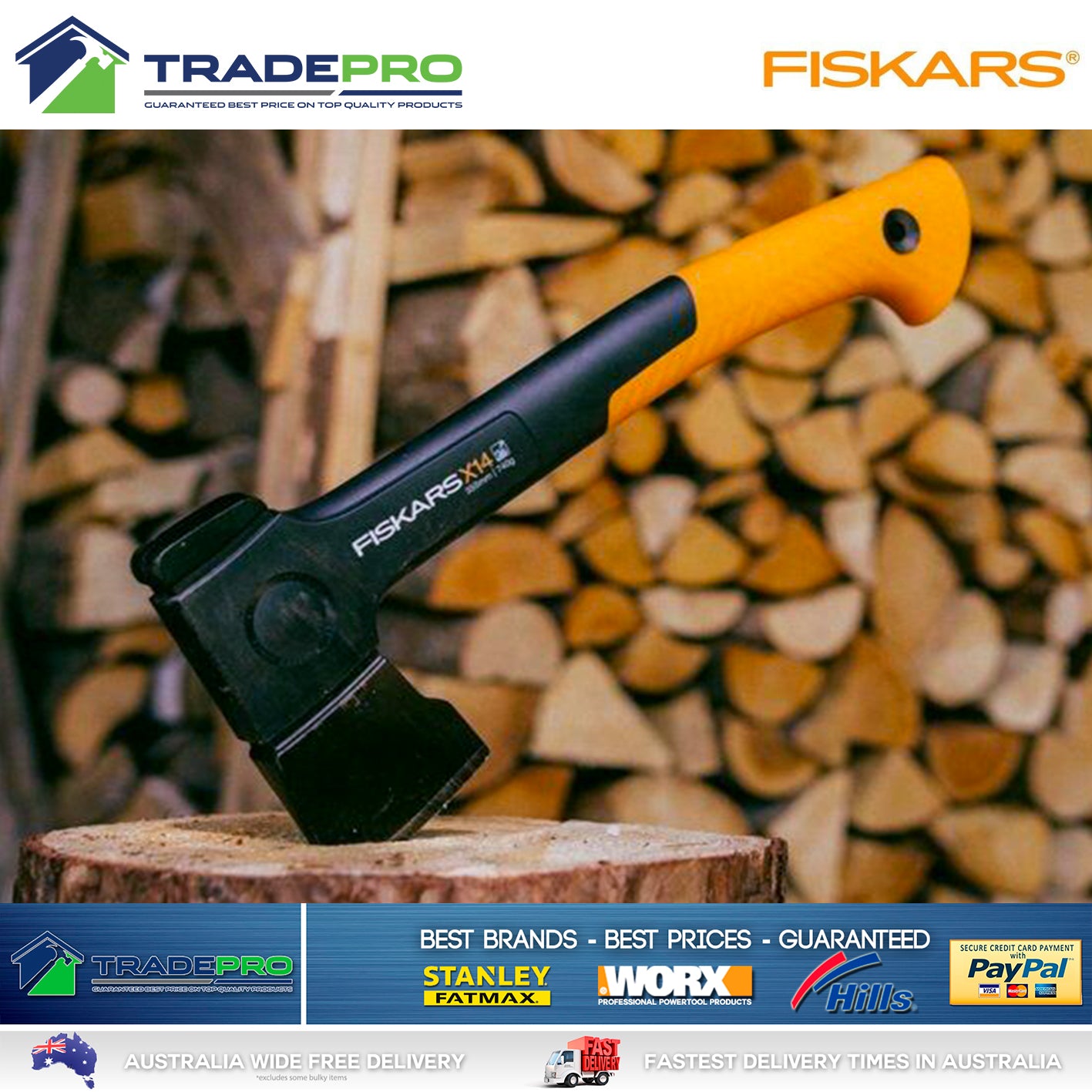 Fiskars Axe X14 XS Chopping Hatchet 355mm Firewood Camping Log Splitter (NEW X7)