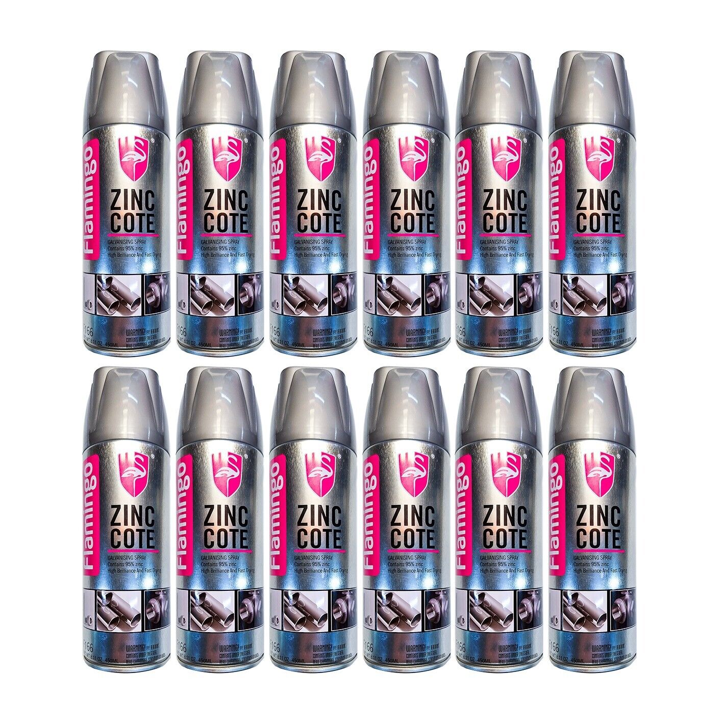 12x Spray Paint Zinc Coat 450ml Cold Gal Silver Rust Stop Aero Flamingo