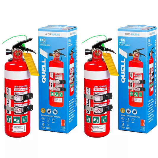 2x Quell Fire Extinguisher Auto Marine 1kg ABE Stainless Twin Latch Bracket