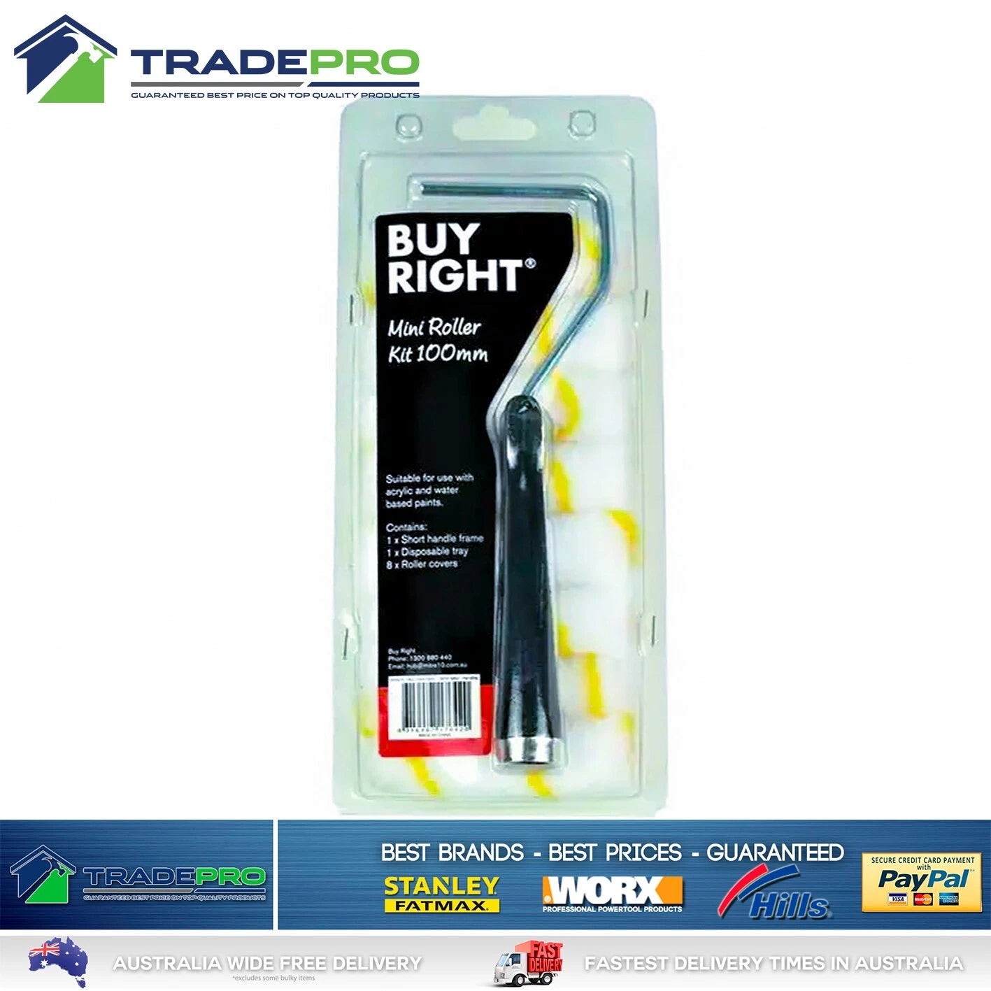 Mini Paint Roller Frame Set 10pc 100mm 4" Microfibre Sleeve & Roller Frame