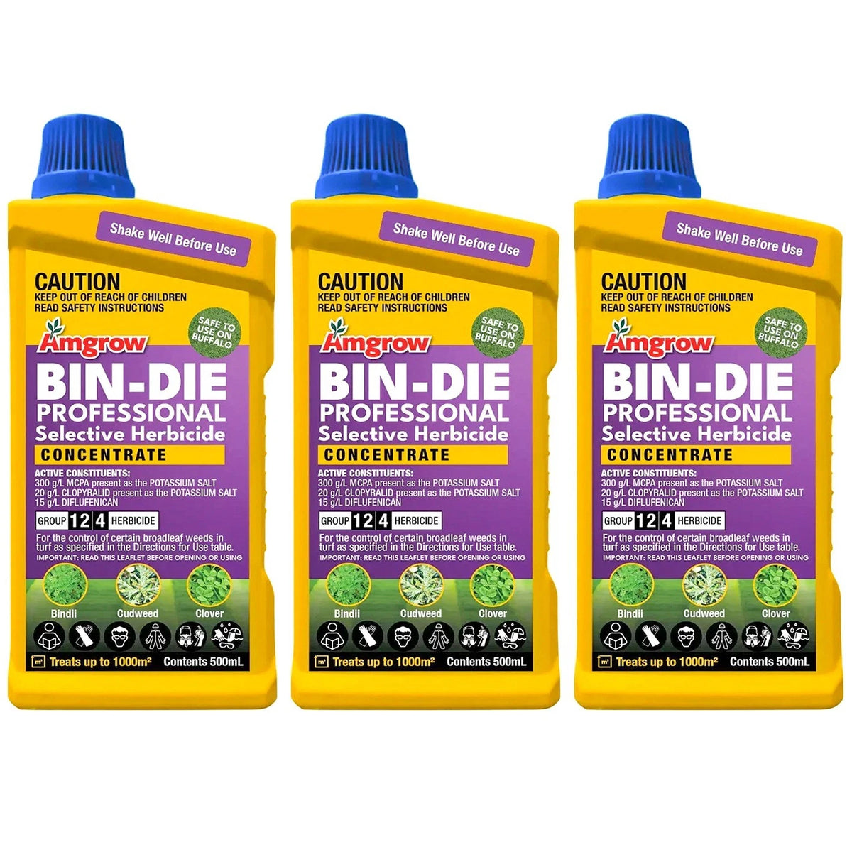 3x Amgrow Bin-Die Selective Lawn Weeder 500ml Clover Oxalis Bindi Weed Killer