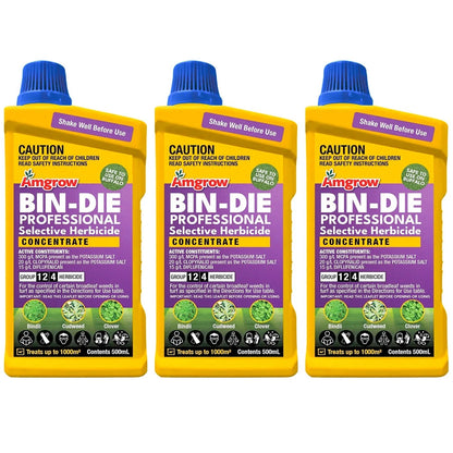 3x Amgrow Bin-Die Selective Lawn Weeder 500ml Clover Oxalis Bindi Weed Killer