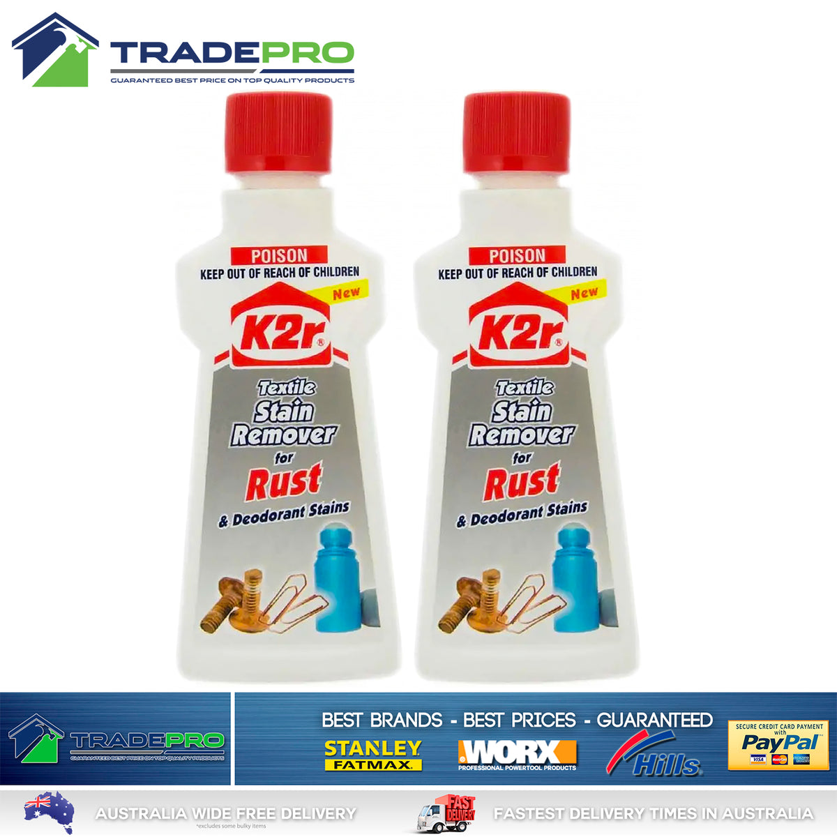 2x K2R Textile Stain Remover For Rust Deodorant Stain Clothes Fabric Carpet 50ml