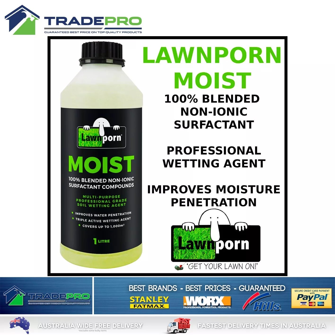 2x Lawnporn Moist Wetting Agent 1L Concentrate Lawn Turf Garden Grow Enhancer