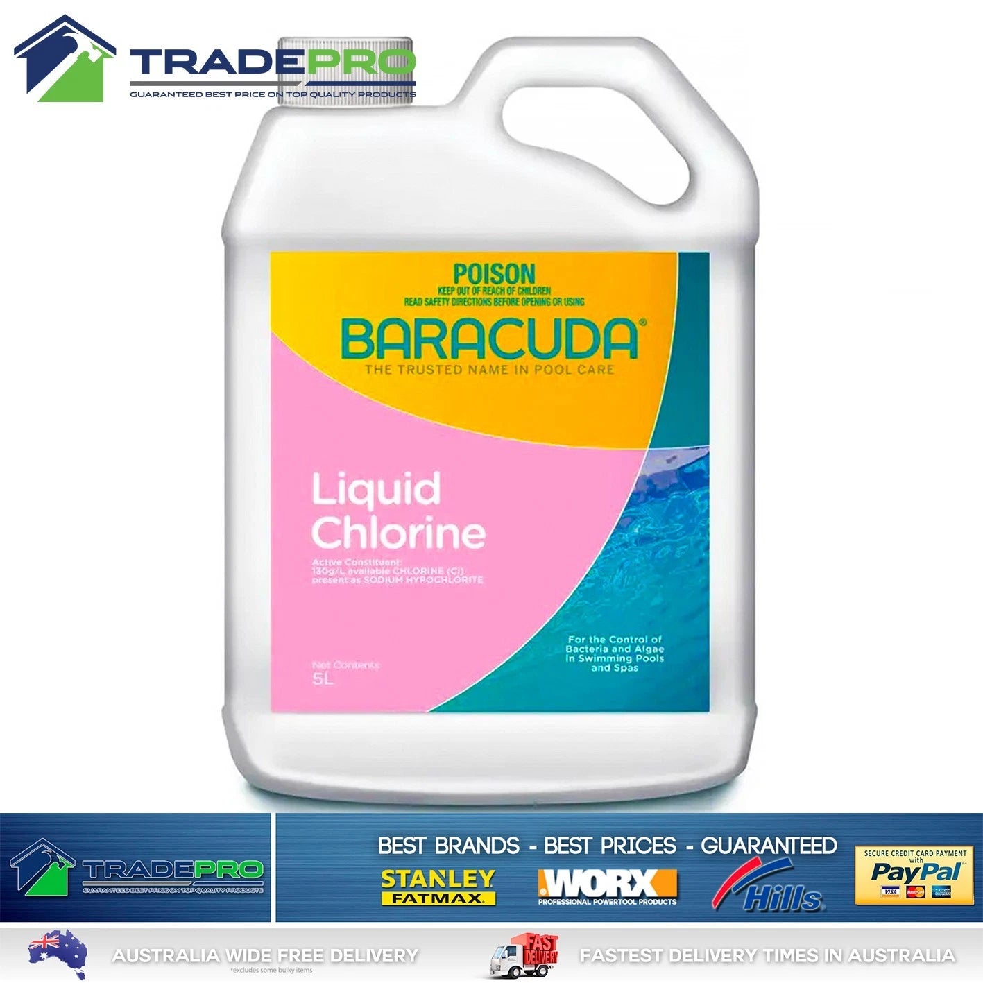 Pool Chlorine 5L Baracuda Strength Liquid Controls Algae Bacteria Fast Sanitiser