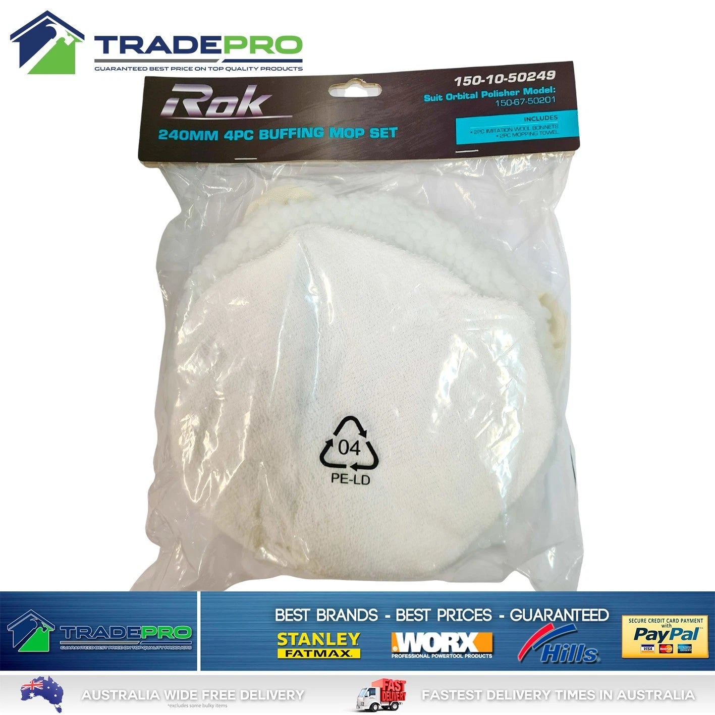 Polisher Buffer Bonnet Set 4pc 240mm Rok For Orbital Polish Waxing Buff 9.5"