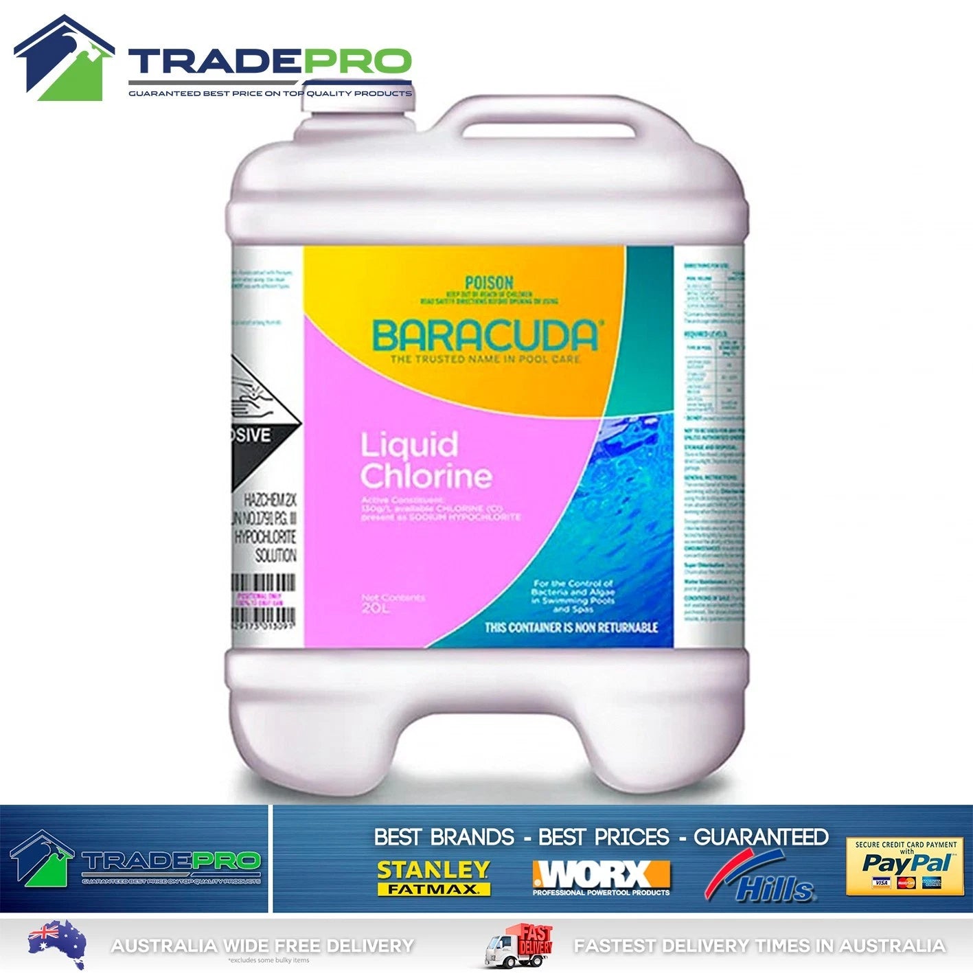 Pool Chlorine 20L Baracuda Strength Liquid Controls Algae Bacteria Sanitiser