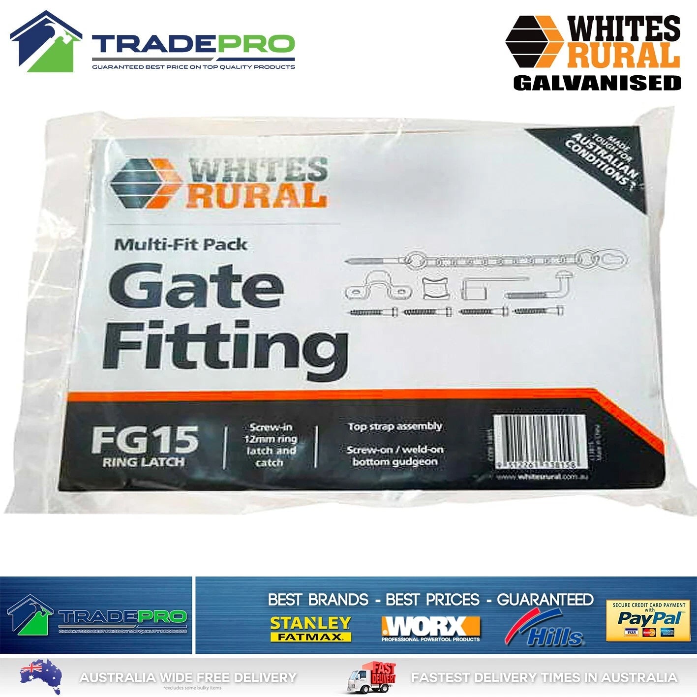 Whites Wires Farm Gate Hinge Kit FG15 Screw On Latch Set Hook & Keeper Ring