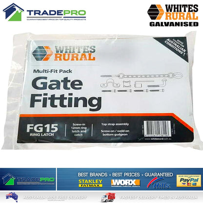 Whites Wires Farm Gate Hinge Kit FG15 Screw On Latch Set Hook & Keeper Ring