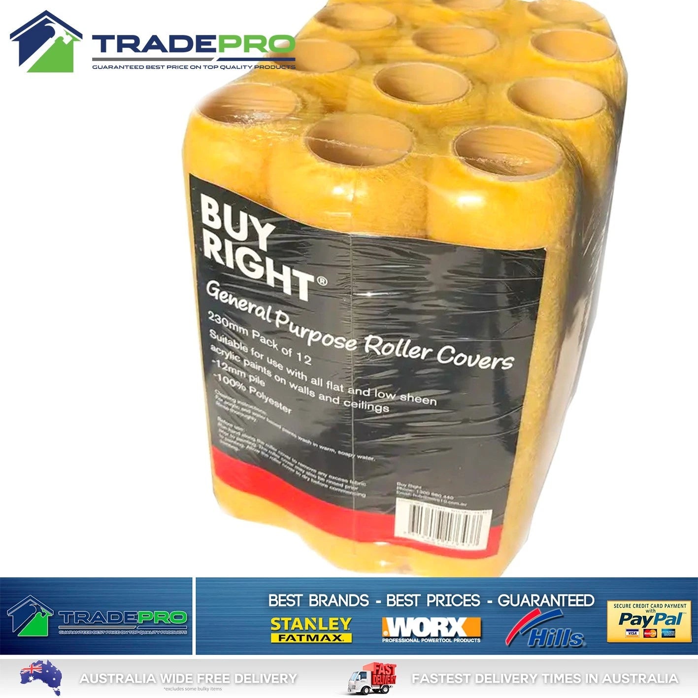 Paint Roller Cover 230mm 12pc Bulk Pack 12mm Nap Wall Ceiiling Int/Ext Quality