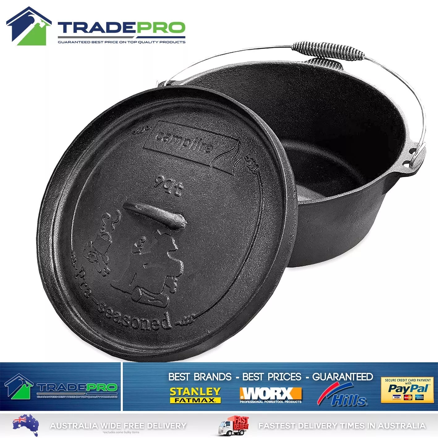 Camp Oven PRO Cast Iron 9 Quart Pre-Seasoned Dutch Oven 8.5L Camping Fire Cooking