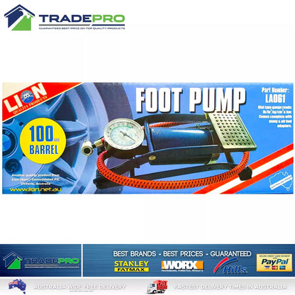 Foot Pump Tyre Inflator & Gauge 100mm Barrell Bike Car ATV Lion Air Compressor