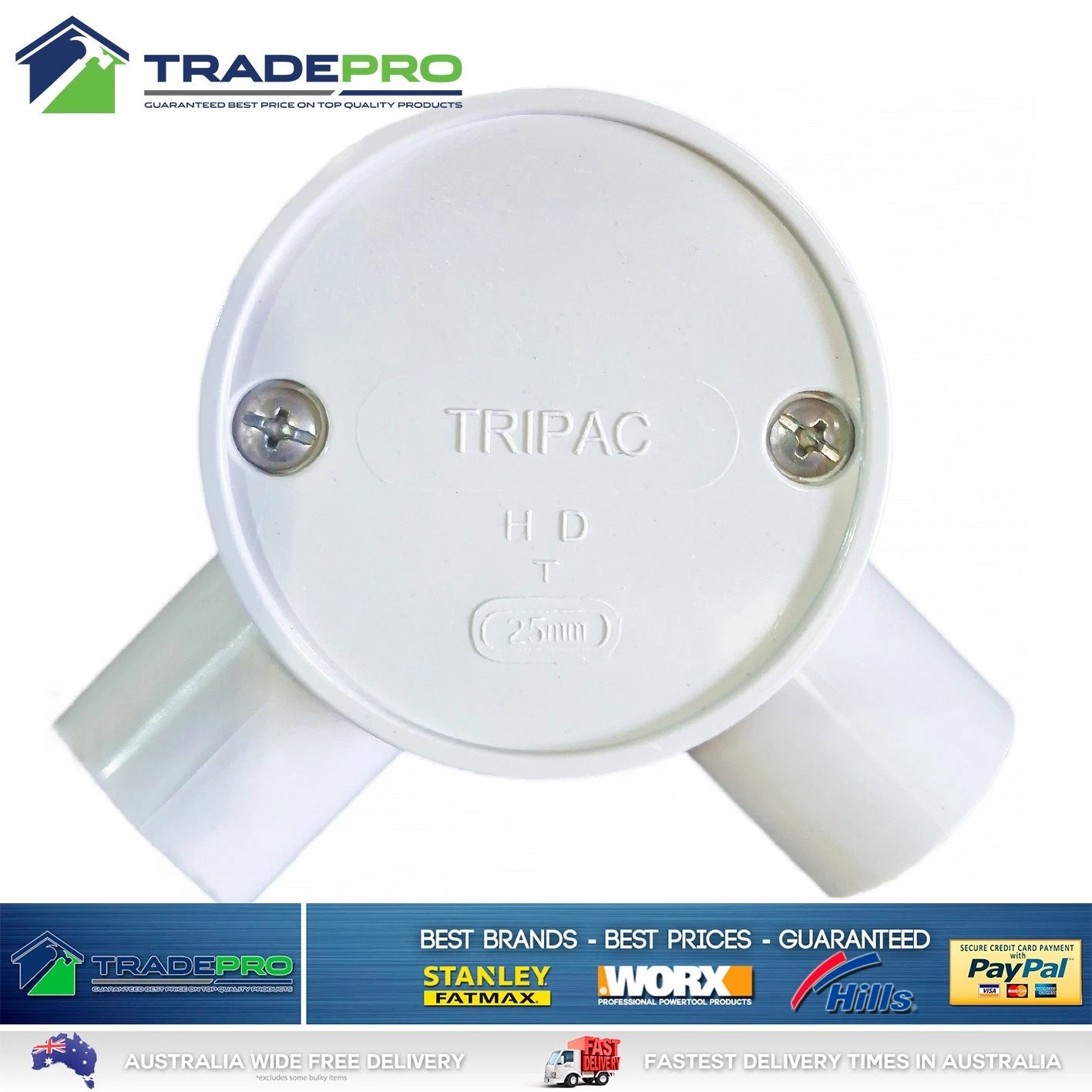 10x Junction Box 25mm Tripac 2 Way Electrical Conduit 90Deg Round Shallow PVC