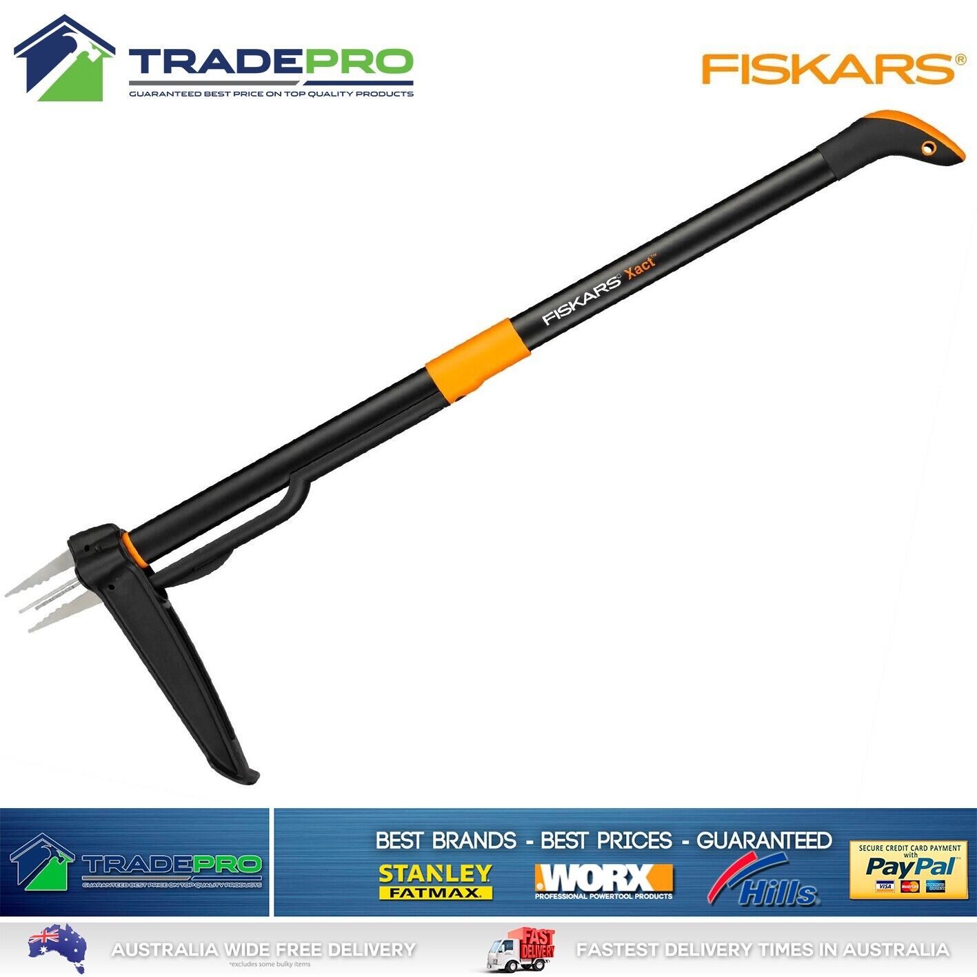 Fiskars Weed Puller Long Handled Xact 4 Prong Weeder Stainless Steel Claw Garden