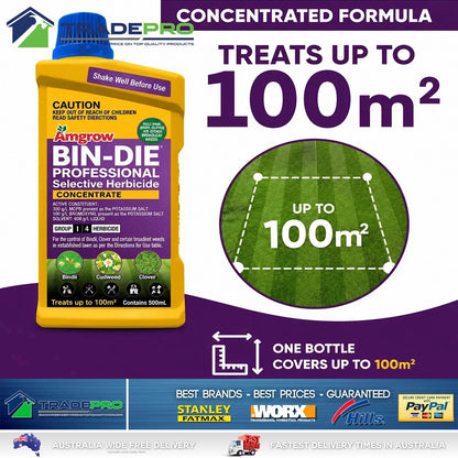 3x Amgrow Bin-Die Selective Lawn Weeder 500ml Clover Oxalis Bindi Weed Killer
