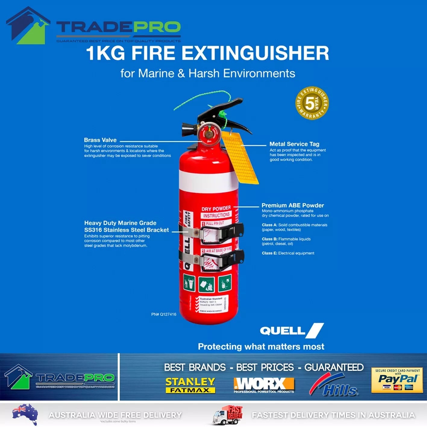 Quell Fire Extinguisher Auto Marine 1kg ABE Stainless Double Twin Latch Bracket
