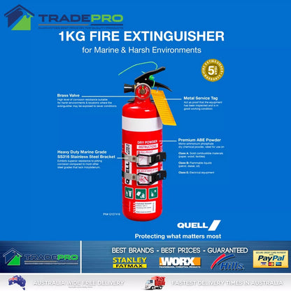 Quell Fire Extinguisher Auto Marine 1kg ABE Stainless Double Twin Latch Bracket