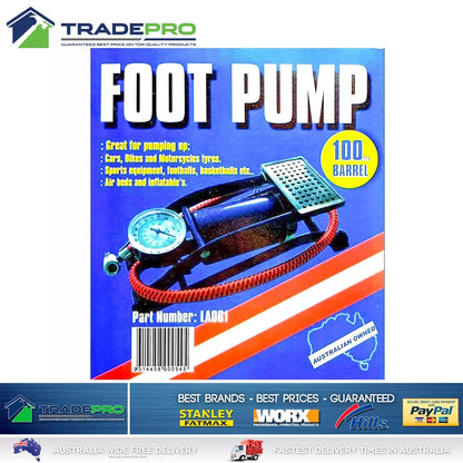 Foot Pump Tyre Inflator & Gauge 100mm Barrell Bike Car ATV Lion Air Compressor