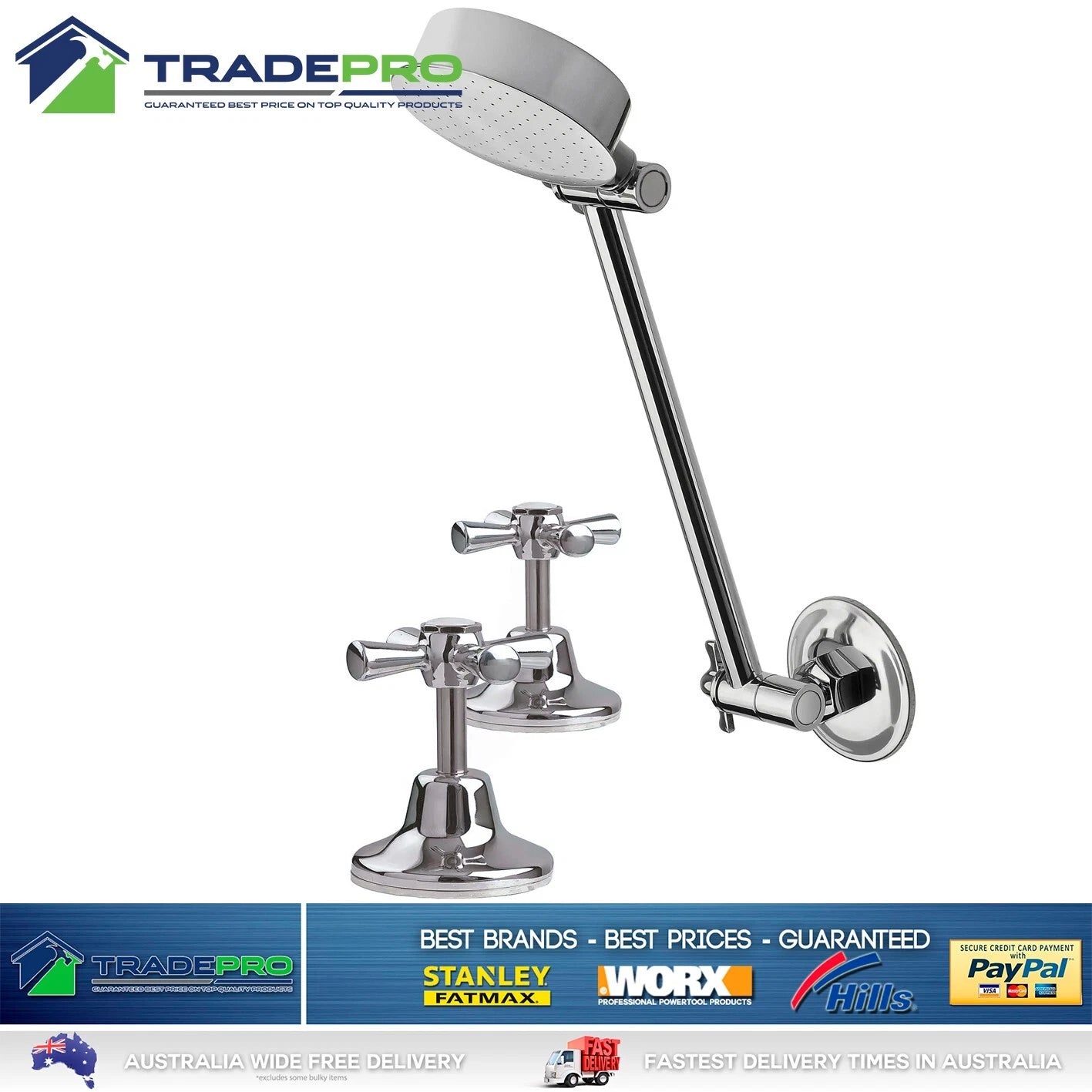 Shower Head & Arm Kit with Hot Cold Handles Chrome EZYFIT Hi-Low All Directional