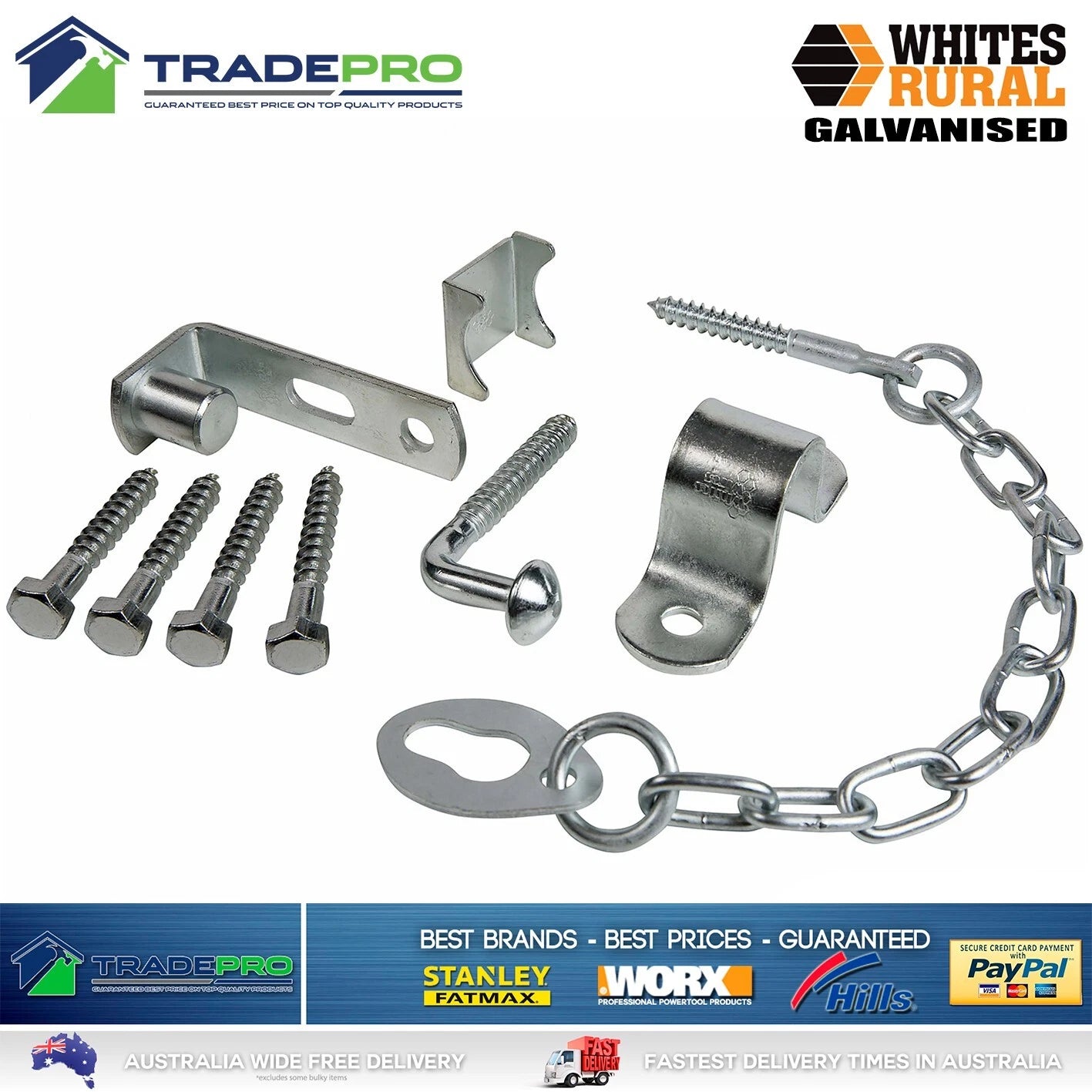Whites Wires Farm Gate Hinge Kit FG15 Screw On Latch Set Hook & Keeper Ring