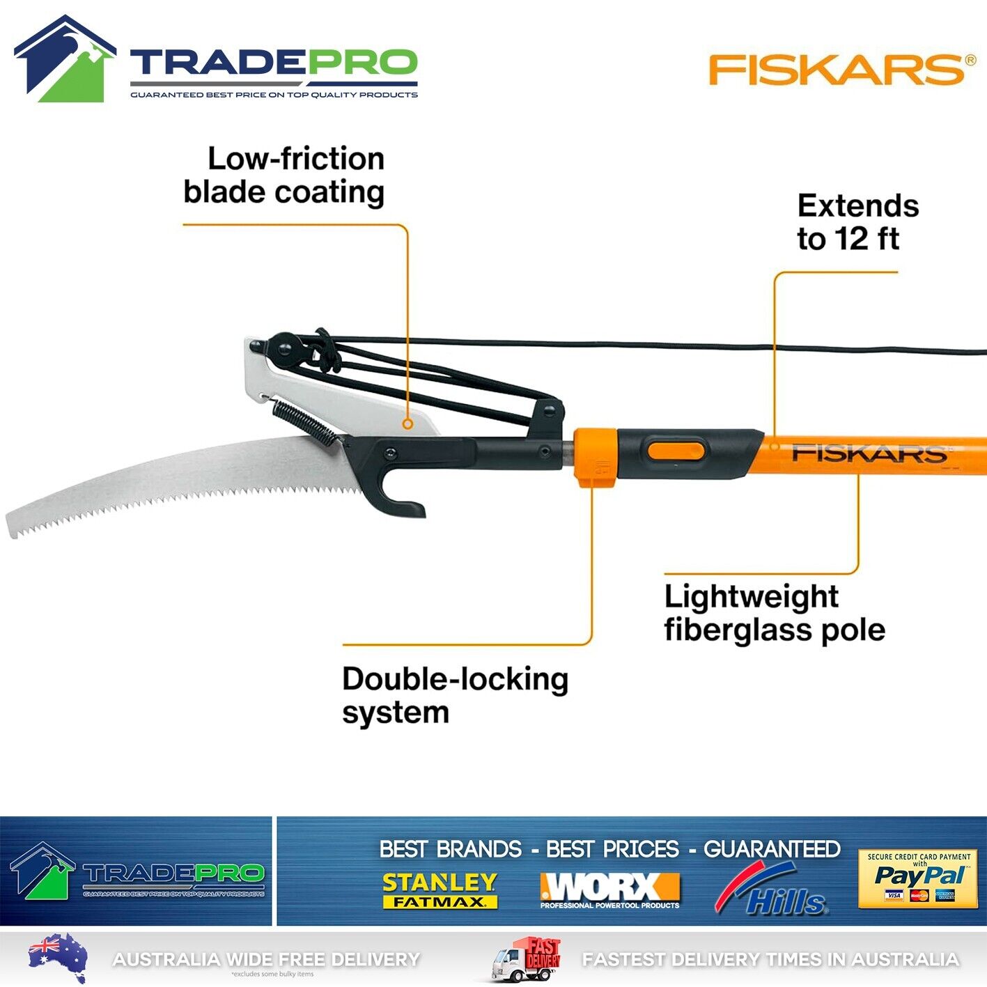 Fiskars Telescopic 3.5m 12ft Long Reach Pole Saw Tree Trimmer Pruner Cutter PRO