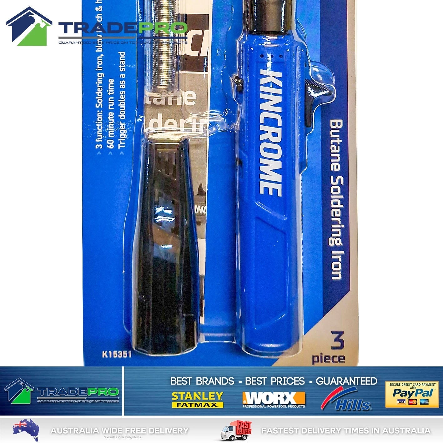 Kincrome Soldering Iron Kit Butane Blow Torch Gas Solder Tool Set 3 in 1 Head