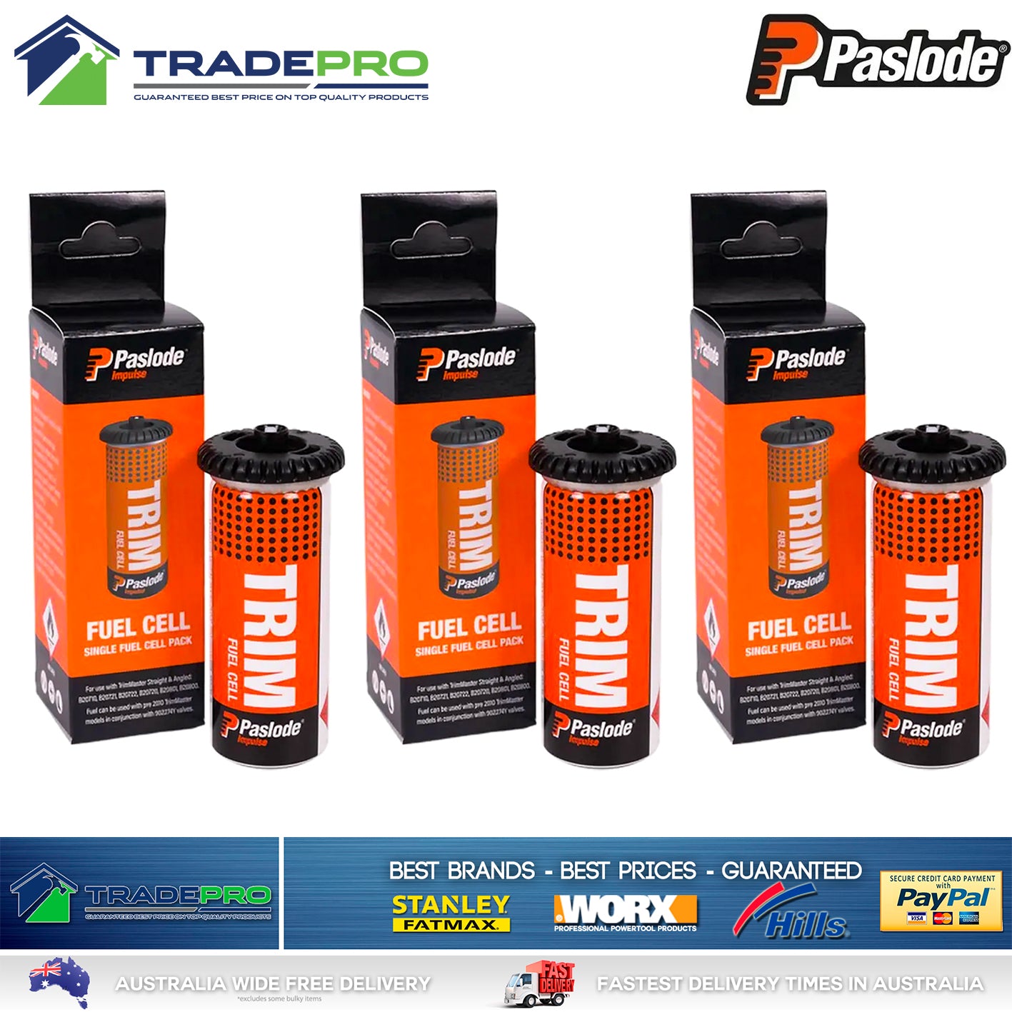 3x Paslode Genuine Impulse Fuel Cell Twist N Lock Gas Cartridge B20544S Bradder