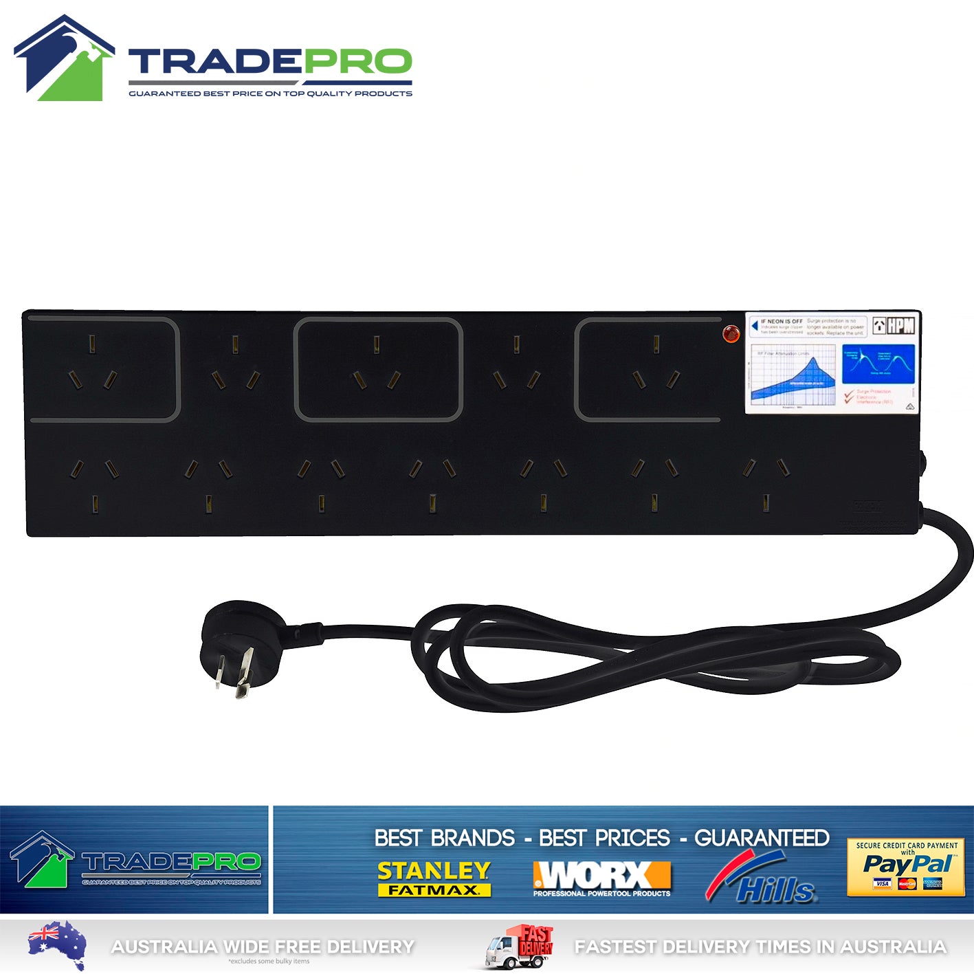 Power Board PRO Surge Spike Filter Protector 12 Outlet HPM Black Powerboard