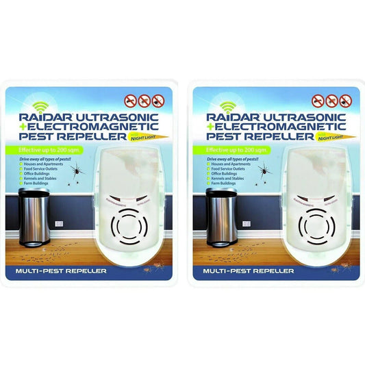 2x Sonic Pest Repeller Raidar Ultrasonic Electro Magnetic Plug In 200Sq Night