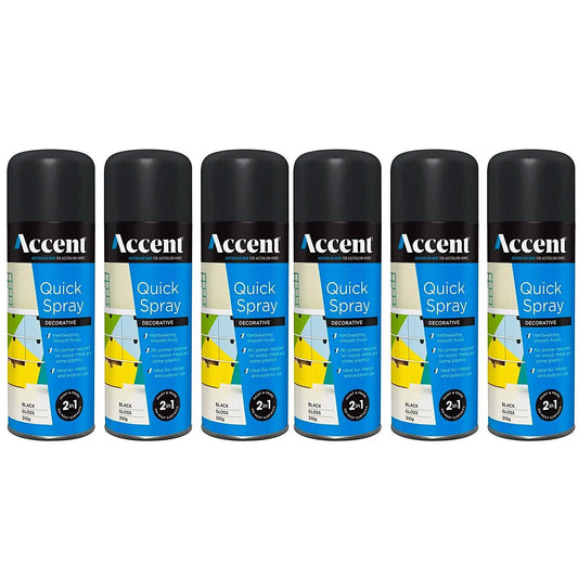 6x Spray Paint Can 310g Gloss Black 2in1 PRO Enamel Wood Metal Plastic Int&Ext
