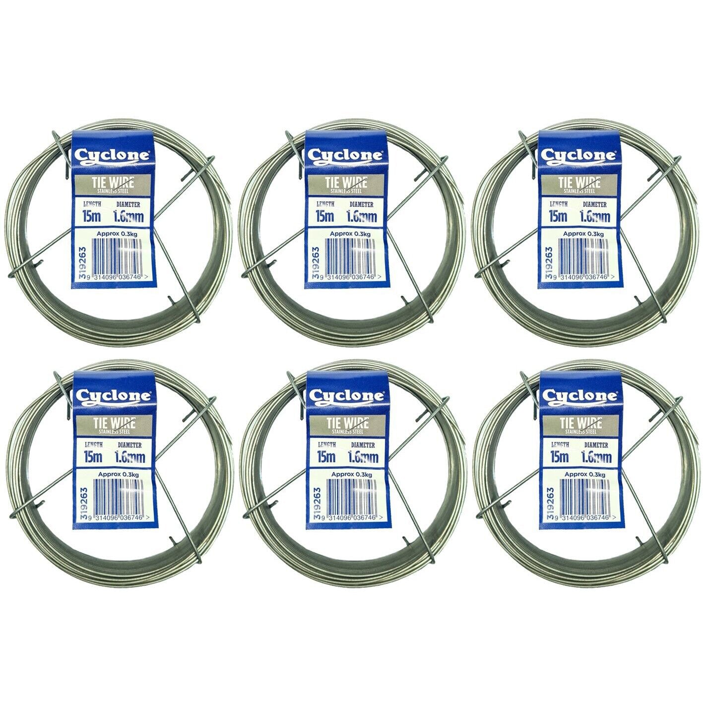 6x Tie Wire Stainless Steel Cyclone 1.6mm 15M Fence Fencing Tying Spool Cable
