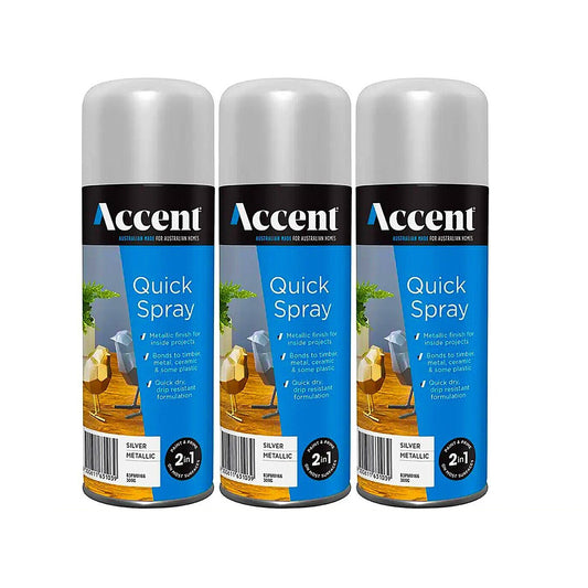 3x Spray Paint Can 300g Metallic Silver 2in1 Gloss Enamel Wood Metal Plastic