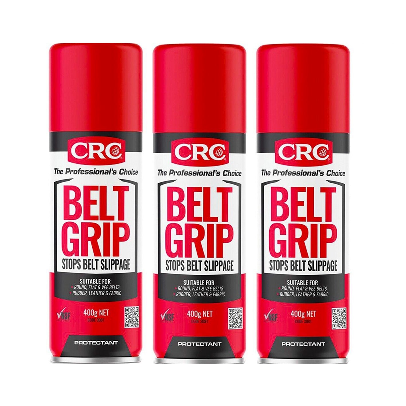 3x Belt Grip Spray CRC Aerosol 400g Stops Car Belt Slippage Suits All Auto Belts