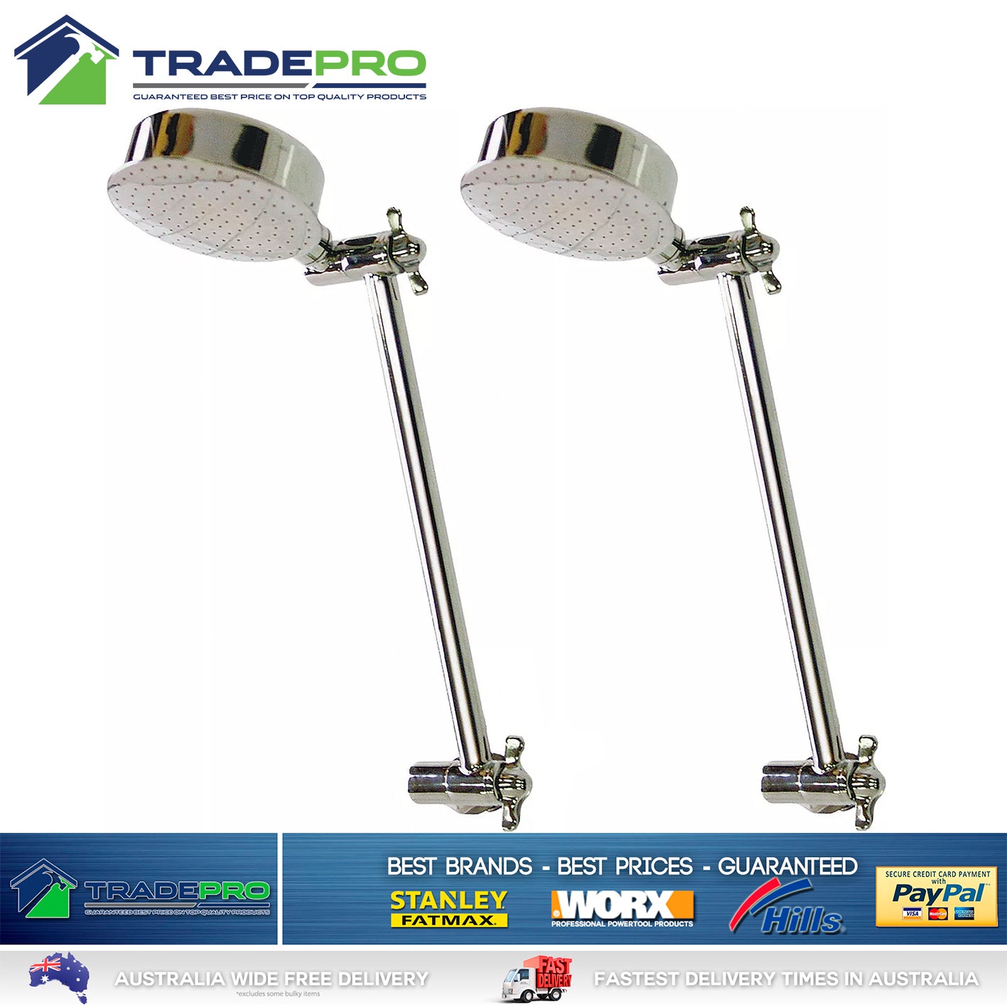 2x Shower Head & Arm All Directional Genuine Buyright® PRO Hi-Low Chrome WELS