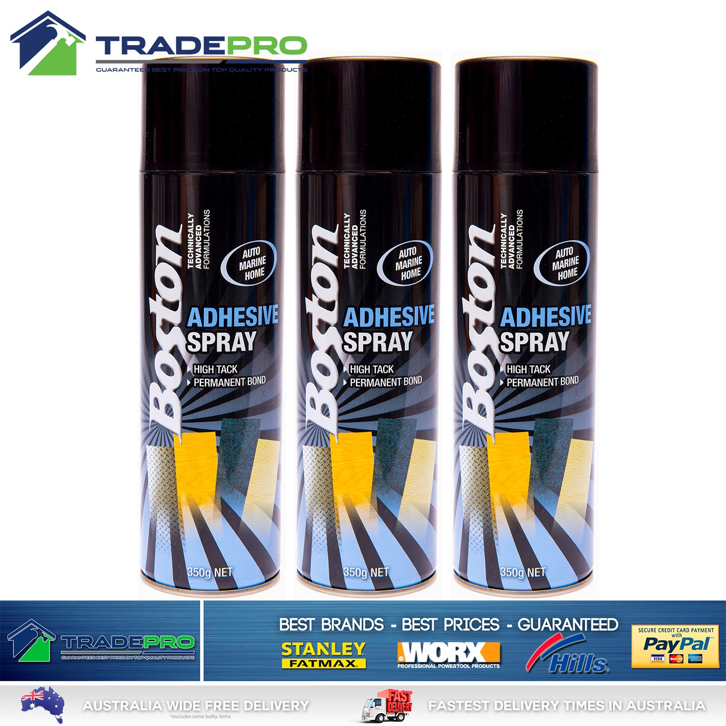 3x Contact Adhesive Spray Fast Grip Boston 350g Permanent Strong Glue Can