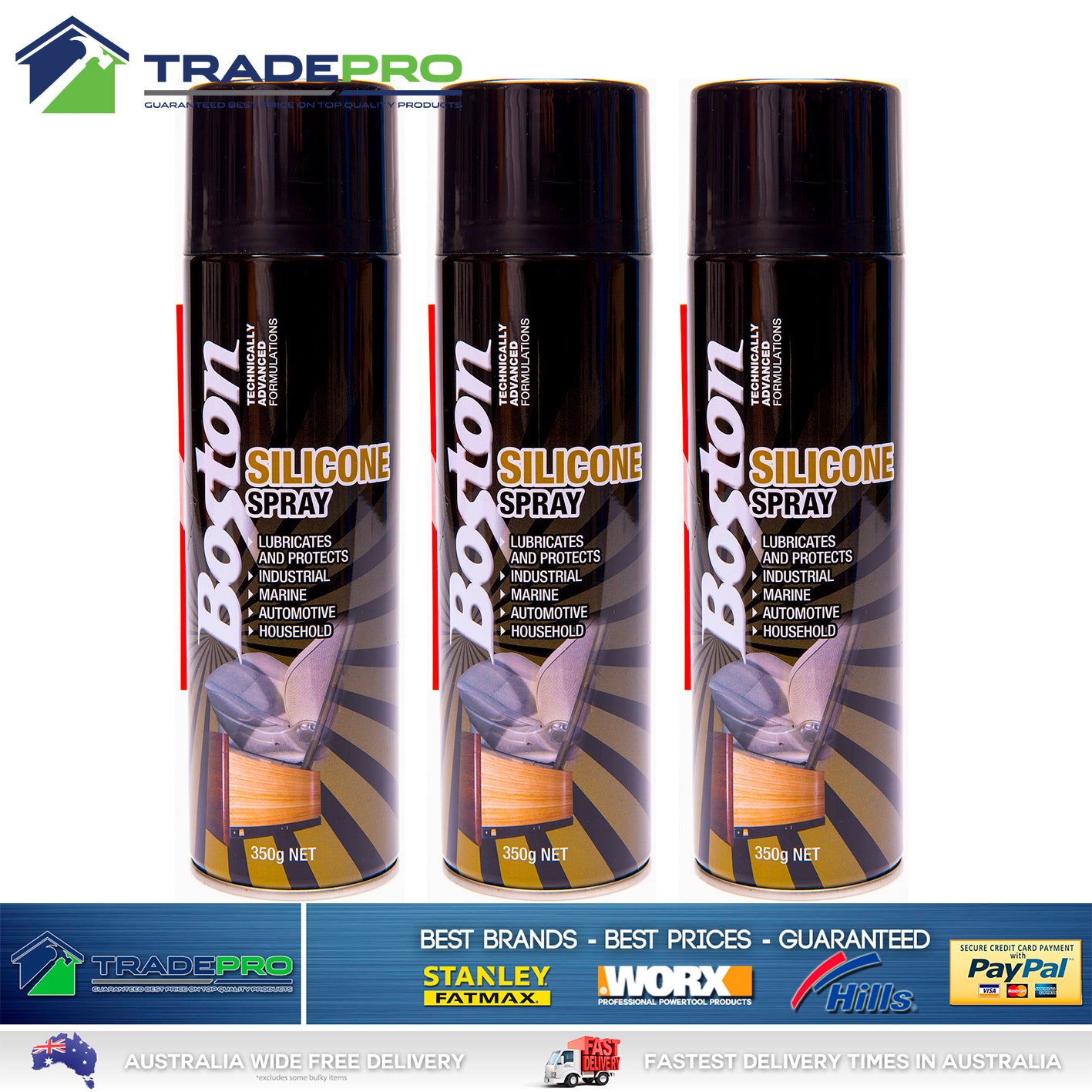 3x Silicone Spray Boston 350g Lubricant Treadmill Marine Anti Squeak Friction