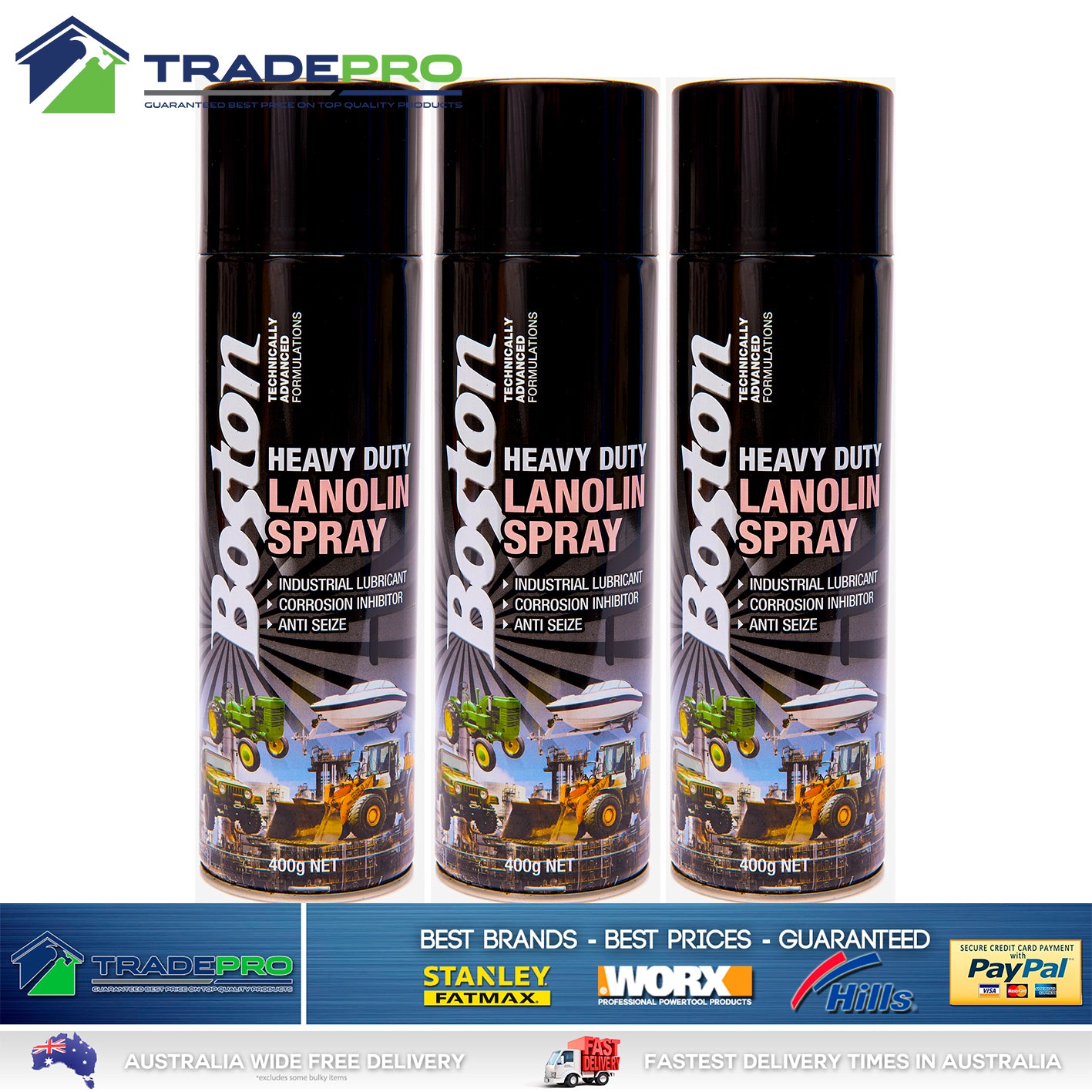 3x Lanolin Spray 400gm Boston Anti corrosion Lanox lubricant Marine Auto Inox SS