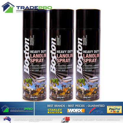 3x Lanolin Spray 400gm Boston Anti corrosion Lanox lubricant Marine Auto Inox SS