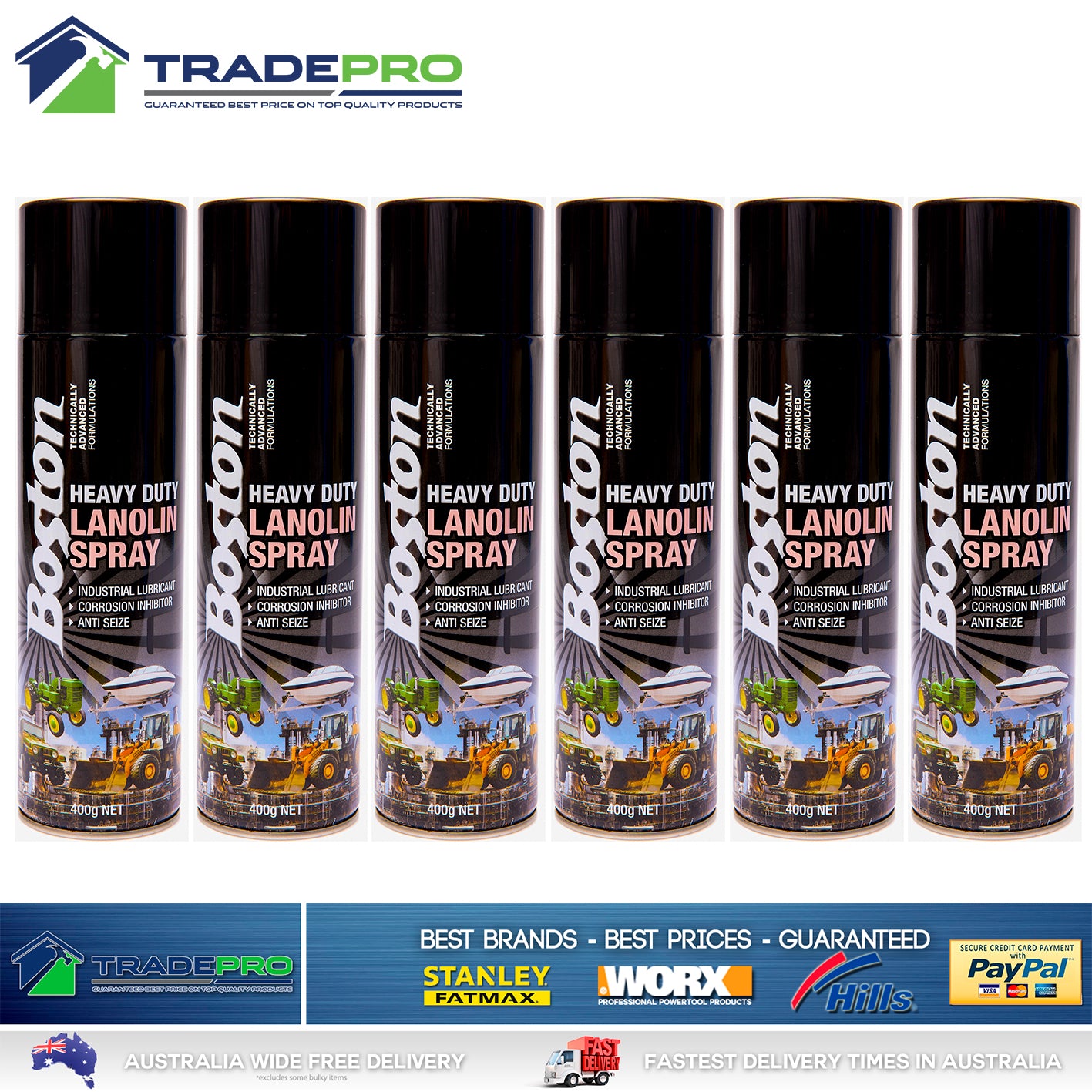 6x Lanolin Spray 400gm Boston Anti corrosion Lanox lubricant Marine Auto Inox SS