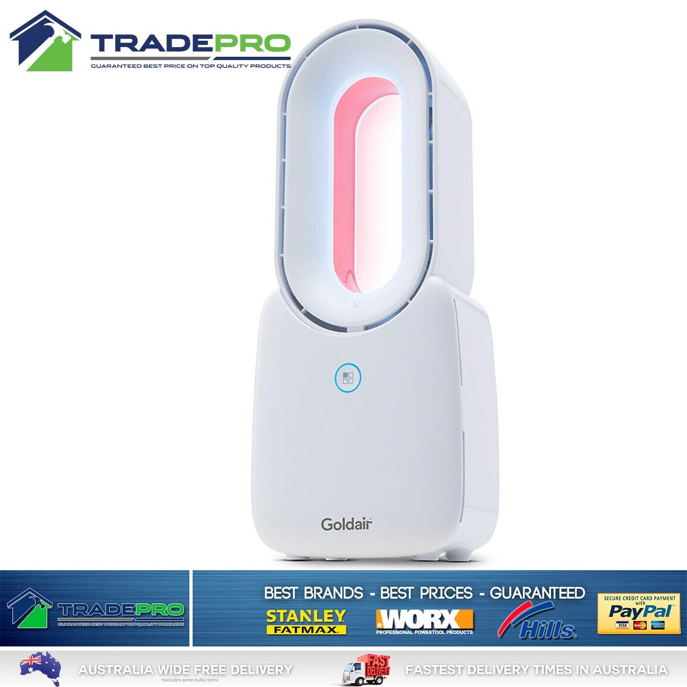 Goldair Tower Desk Fan 3 Speed Bladeless LED Colour Change Rechargeable White