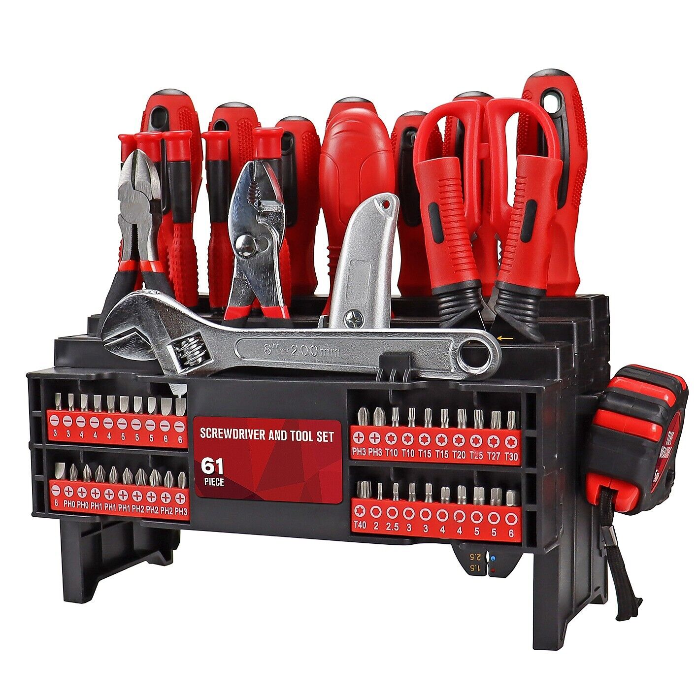 Tool Set 61pc Cr-V Screwdriver Plier Tape Measure Wrench Knife Kit Workbench PRO