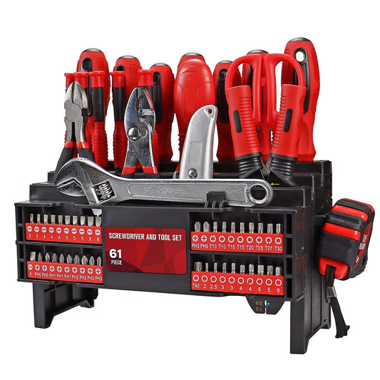 Tool Set 61pc Cr-V Screwdriver Plier Tape Measure Wrench Knife Kit Workbench PRO