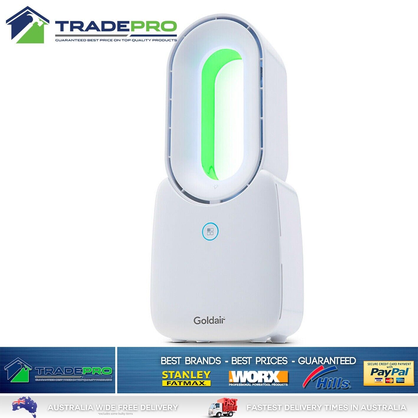 Goldair Tower Desk Fan 3 Speed Bladeless LED Colour Change Rechargeable White