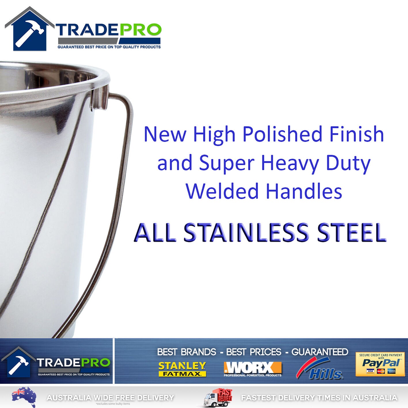 Stainless Steel Bucket with Handle 20Ltr HDuty Premium Quality NewModel 20L Pail