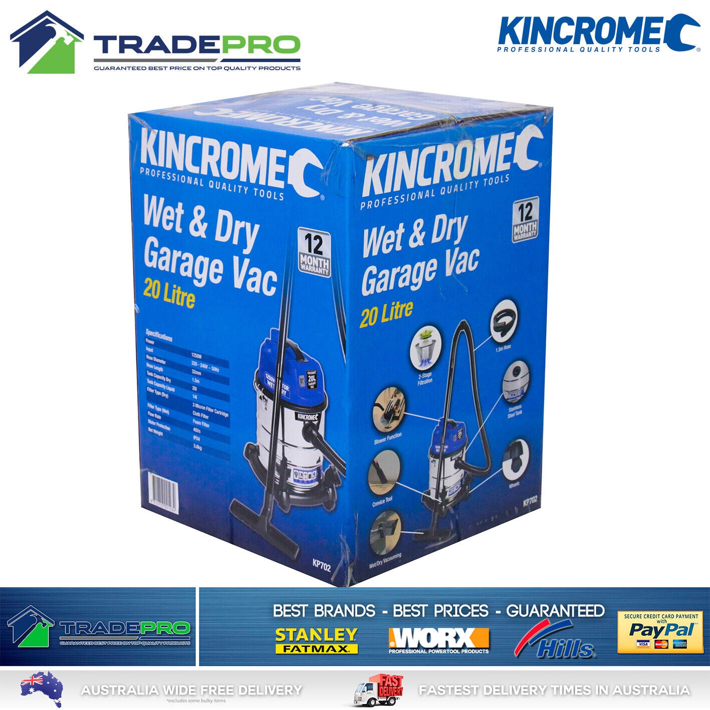 Kincrome Vacuum Cleaner Wet & Dry Commercial Work Shop 1250W Kit 20L PRO Vac