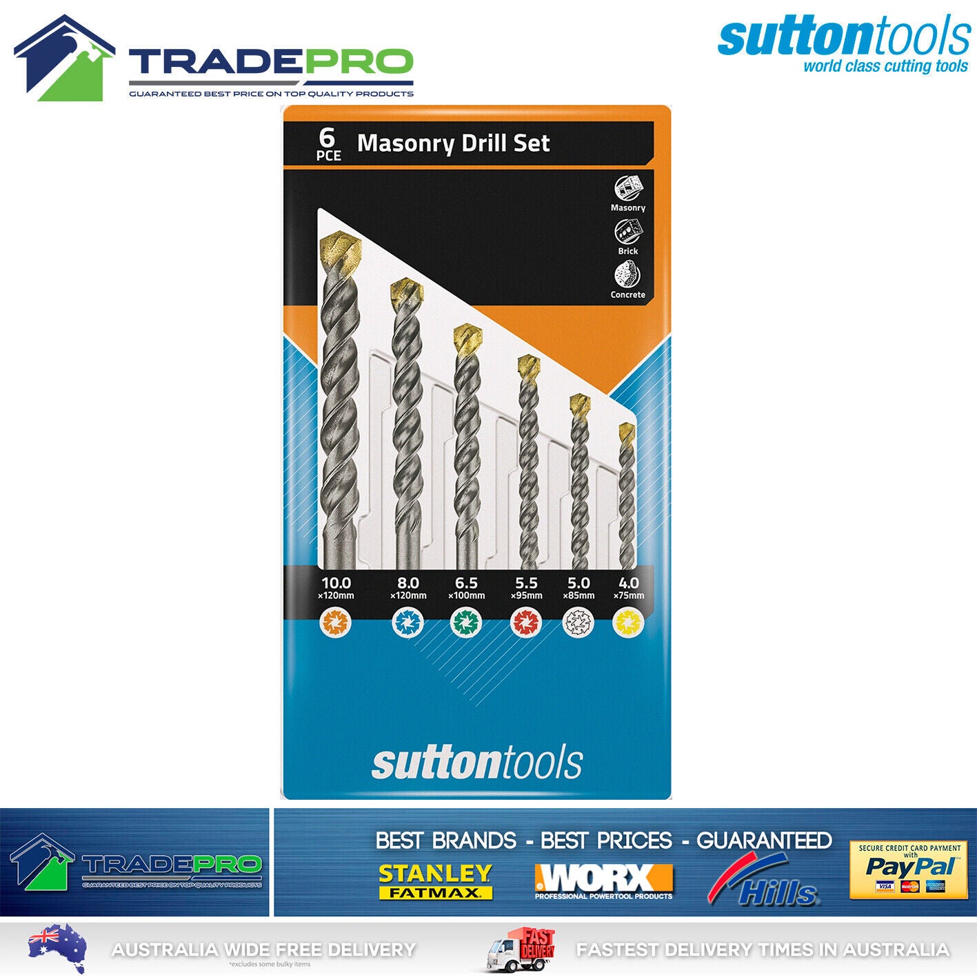 Genuine Sutton 6pc Masonry Drill Bit Tool Set With Case Concrete Tiles Bricks