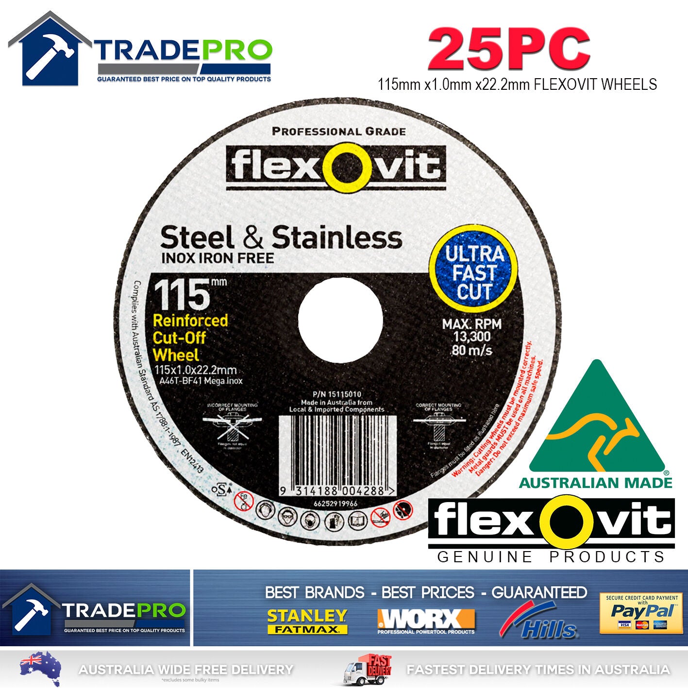 25x Metal Cut Off Wheel 115mm x22 1mm Flexovit® PRO Angle Grinder Cutting Discs
