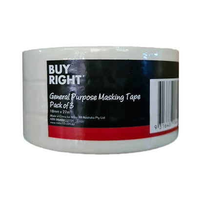 3x Masking Tape BuyRight Premium 18mm x 27m Bulk Painting Paint Edging Sticky