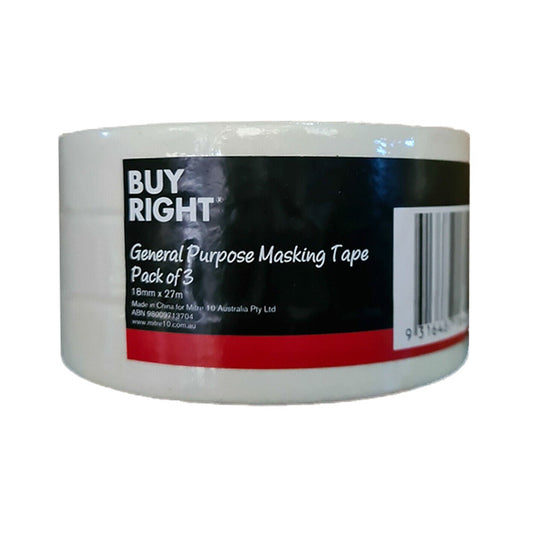 3x Masking Tape BuyRight Premium 18mm x 27m Bulk Painting Paint Edging Sticky