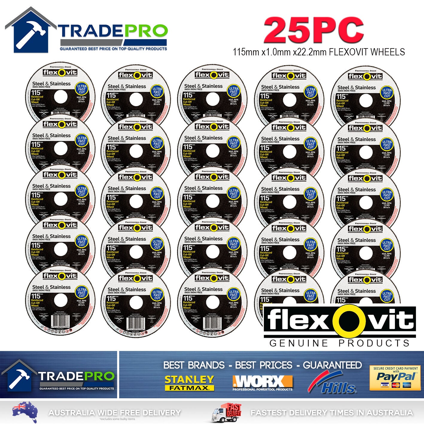 25x Metal Cut Off Wheel 115mm x22 1mm Flexovit® PRO Angle Grinder Cutting Discs